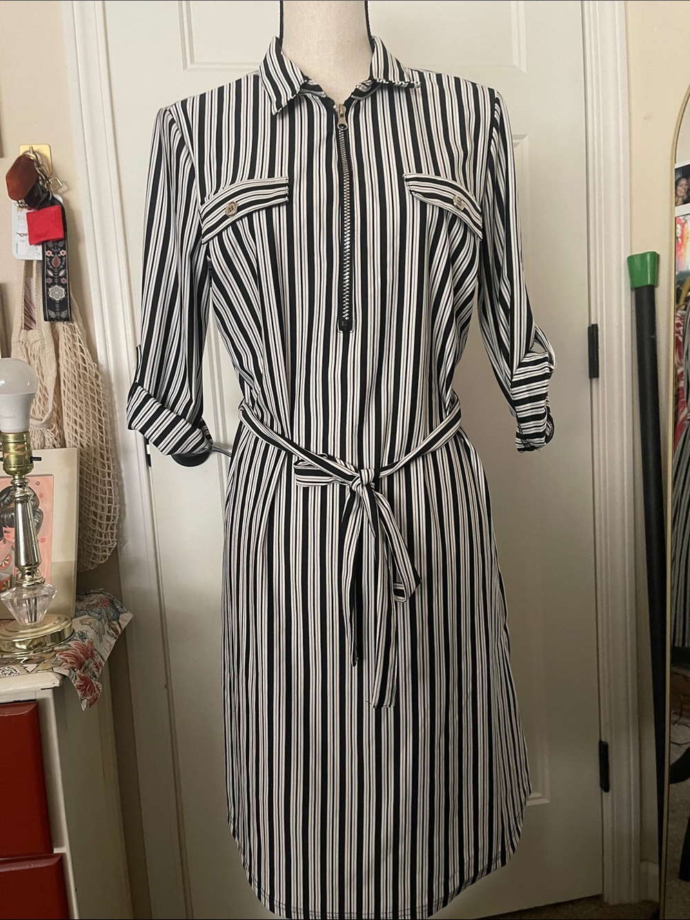 Black and White Striped Midi Shirt Dress with Tie Waist